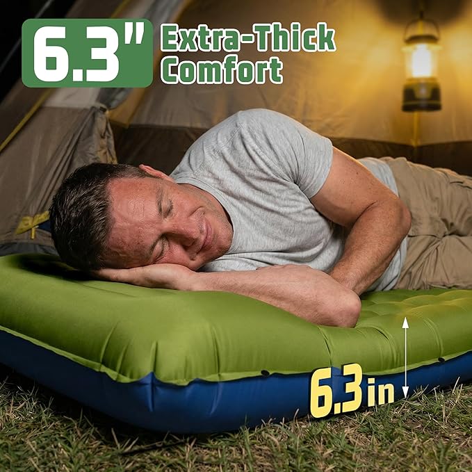 Sleeping Pad for Camping, 6.3 Inch Thick Air Mattress for Backpacking, Hiking, Outdoor Adventures, Car Camping & Tent Use