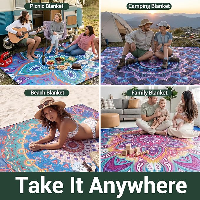 60x80" Waterproof Picnic Blankets Outdoor Sandless Beach Blanket Foldable Padded Ground Grass Park Lawn Mat Tent Camping Rug Backpack Hiking Roadtrip Gadgets Gifts Rv Car Travel Trailers Items