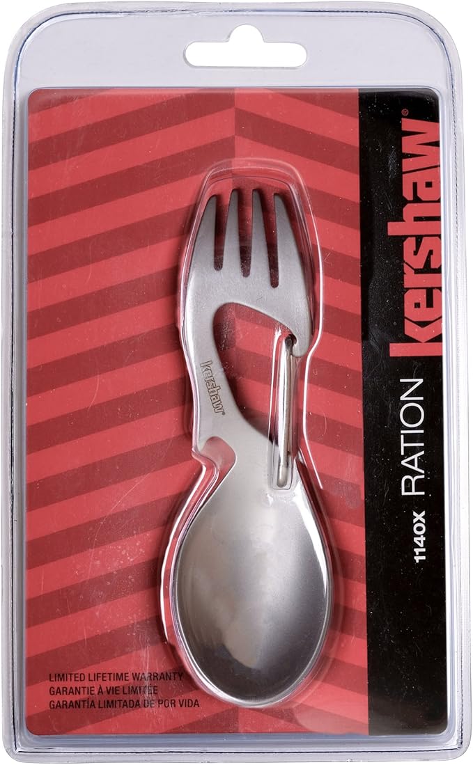 Kershaw Ration Multi Tool Spork, Stainless Steel Spoon, Fork, Carabiner and Bottle Opener, Regular and XL Sizes