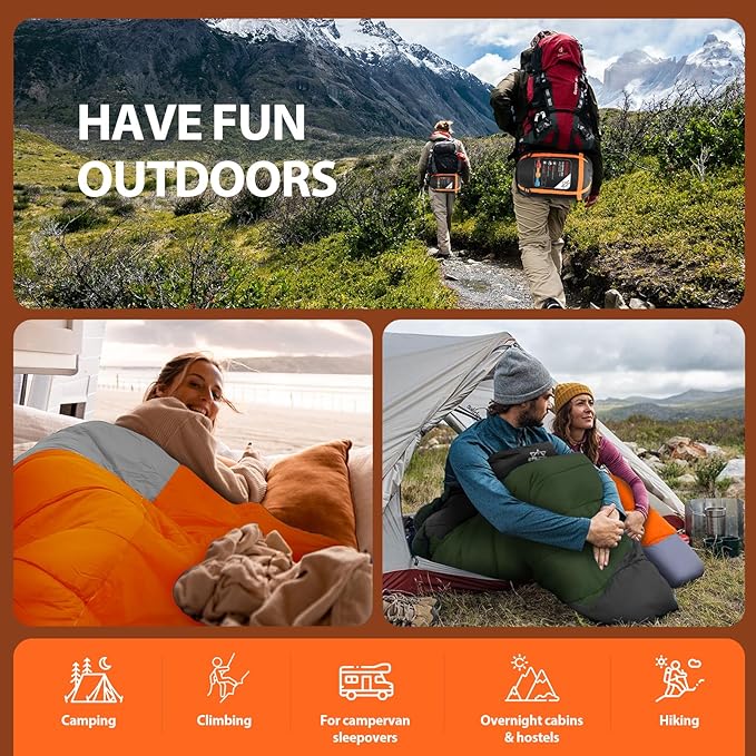 Lightweight 3-Season Sleeping Bag for Adults/Kids Camping, Compact w/Compression Sack, Waterproof Ripstop, Portable for Backpacking Hiking Travel