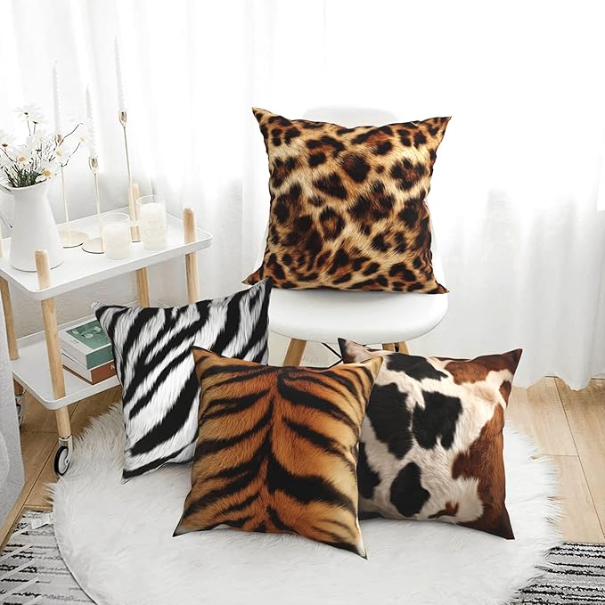 Animal Print Throw Pillow Covers 18 X 18 Inch Set of 4 Decorative Cushion Cover Home Decor for Sofa Chair Couch Bedroom Living Room
