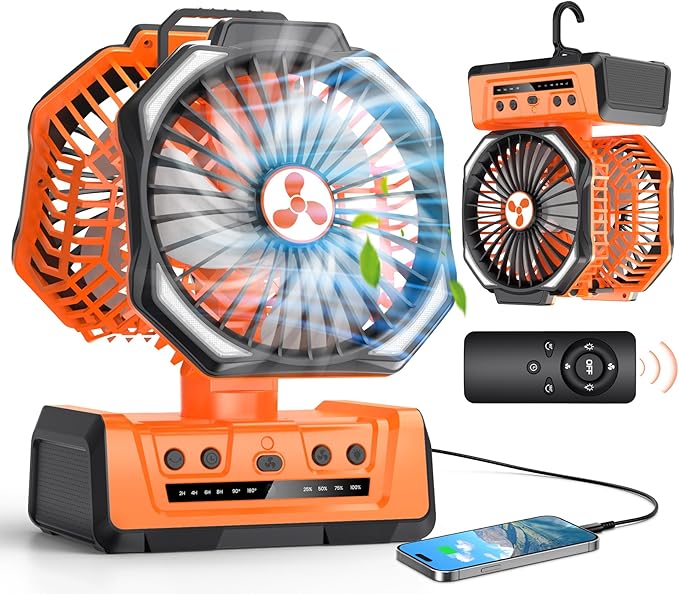 Dual Head Portable Rechargeable Fan 20000mAh Battery Powered Camping Fan Cordless with LED Lantern & Remote, Auto Oscillation, Hook, Battery Operated for Tent Office Travel Picnic Jobsite Orange