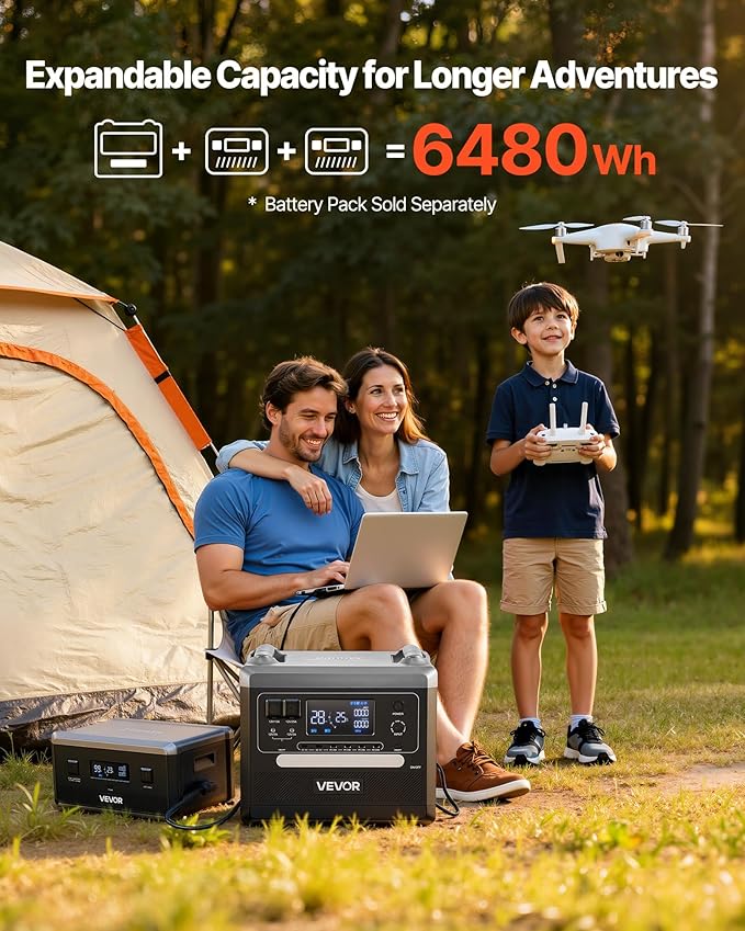 VEVOR Portable Power Station, 2400W Portable Solar Generator with 200W Foldable Solar Panel, 2160Wh Expandable LiFePO4 Battery Backup with 10 Output Ports & Adjustable Input Power for Home Camping RVs