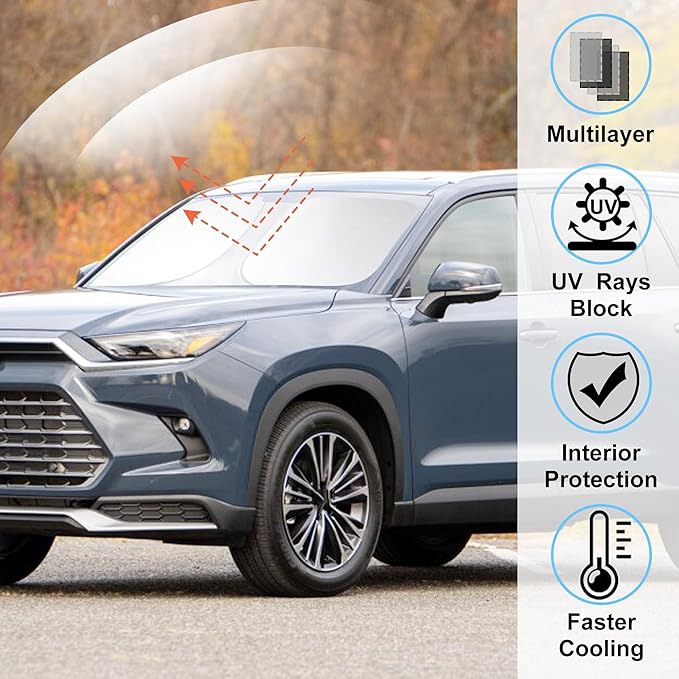 Windshield Sun Shade Custom Fit 2024 2025 2026 Toyota Grand Highlander Accessories Foldable Sunshade Sun Blocker Front Window Shades Covers Keep Car Cooler