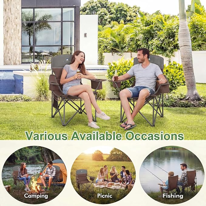 Oversized Camping Chairs 2 Pack - Heavy Duty 400LBS Padded Lawn Chair with Cooler Bag,Cup Holder,Side Pocket,Collapsible for Outdoor,Camp,Fishing & Garden,Maroon