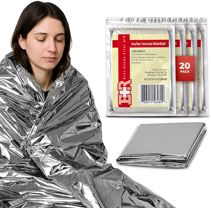 Ever Ready First Aid Mylar Rescue Blanket, Large Silver Thermal Sheet for Emergency and Survival, 54” x 84” – 20 Count