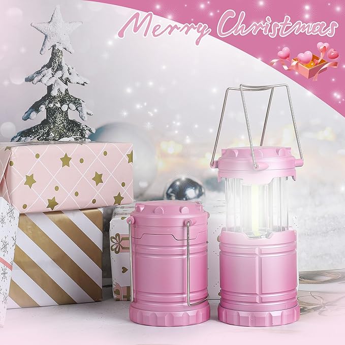 2-Pack Mini LED Pink Camping Lanterns, Portable Camping Lights, Outdoor Handled Lamps, Essential Emergency Lights for Power Outages, Hiking, Hurricane