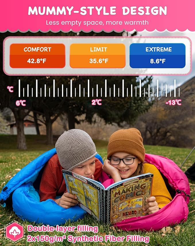 KingCamp 45°F Kids Sleeping Bag, Lightweight Waterproof & Compact Flannel Sleeping Bags Cold Weather & Warm Youth Essentials Gear Accessories for Camping, Fits 10-12 Children up to 4'7"-5'5" Tall