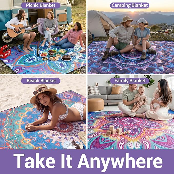 80x80 Extra Large Picnic Blankets Waterproof Sandproof Couple Outdoor Beach Blanket Foldable Grass Park Lawn Concert Mat Summer Camping Essentials Rv Travel Vacation Accessories Festival Gift