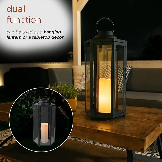 Alpine Corporation 18" Tall Outdoor Hexagonal Battery-Operated Metal Lantern with LED Lights, Black