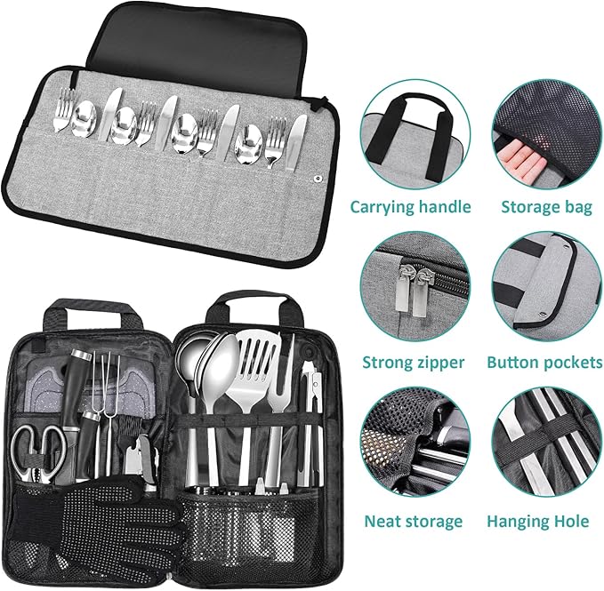 Logcow Camping Kitchen Utensil Set Outdoor Cooking Set Accessories Camping Cookware Kit for Travel, RVs, BBQs Stainless Steel Portable Camping Essentials Cooking Knife Set