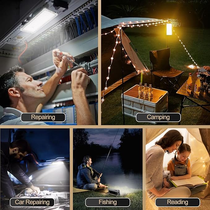 Solar Rechargeable Work Light with Power Bank & Battery Indicator, 178 LED Portable Flood Light with Magnetic Base, 4 Modes IP44 Waterproof Job Site Lamp for Camping, Fishing, Car Repair (Silver Body)