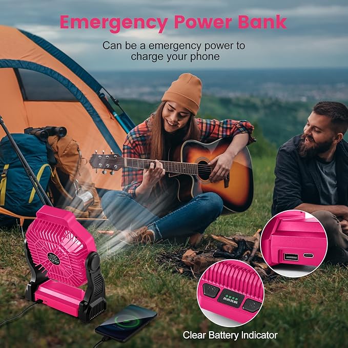 Odoland Rechargeable Camping Fan, 20000mAh Battery Fans with LED Lantern for Tent Car Beach Storm, Portable Light Desk Cooling Fan for Picnic Power Outage Hurricane, Pink