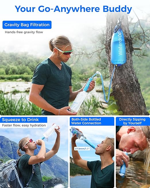 Waterdrop Gravity Water Filter Straw, Camping Water Filtration System, Water Purifier Survival for Travel, Backpacking and Emergency Preparedness, 1.5 gal Bag, 5 Stage Filtration, Pack of 1