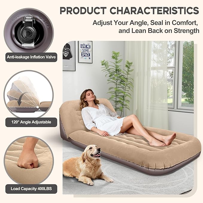 Luxfero Inflatable Couch for Camping, Air Mattress with Adjustable Backrest, Blow Up Couch for Adults with Flocked Surface, Portable Inflatable Lounge Chair, Air Sofa Bed for Indoor/Outdoor-No Pump