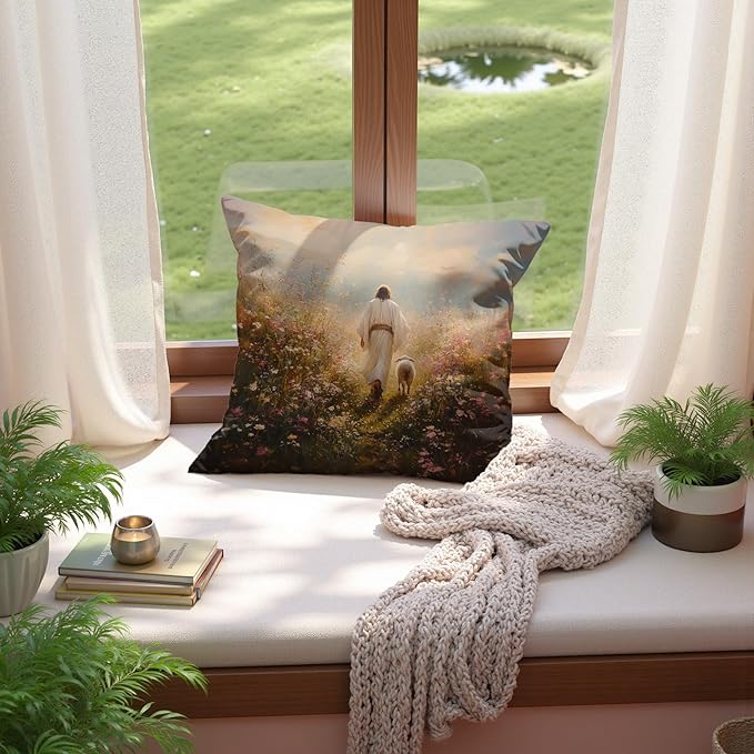 Christian Jesus and Lamb Pillow Covers 18x18, Christian Home Decor, Jesus Leaves the 99 Sheep Religious Bible Verse Decorative Throw Pillow Covers for Home Bedroom Living Room Sofa Couch