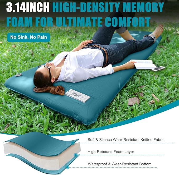 Self Inflating Sleeping Pad with Electric Pump for Camping, 3.14"Thick Memory Foam Sleeping Mats, Easy Inflate&Deflate,9.5 R-Value Insulated Camping Mattress with Pillow for Car Travel Tent, Dark Blue