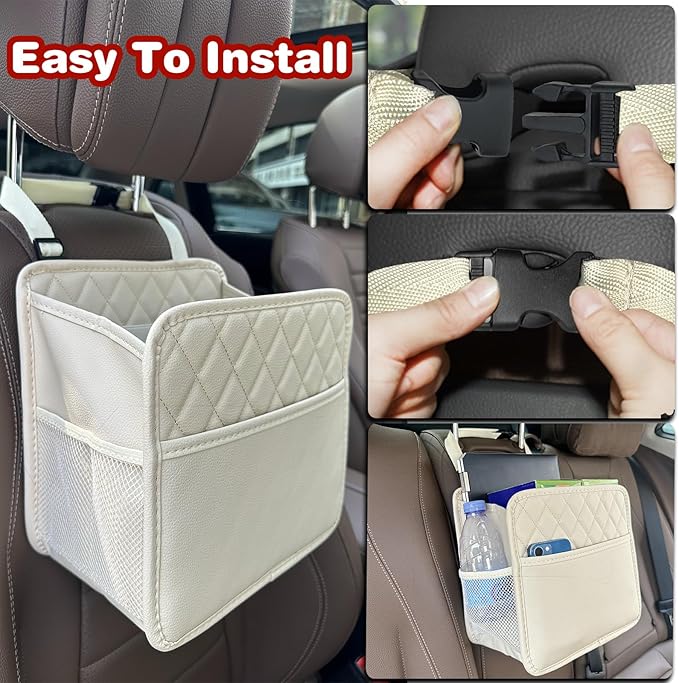 Witaxima 2 Pack Upgraded Car Seat Organizer Backseat with Storage Pockets, Multipurpose Car Organizer Hanging Car Trash Bag Premium PU Leather Garbage Can 2.14 Gallon Large Capacity Accessories Beige