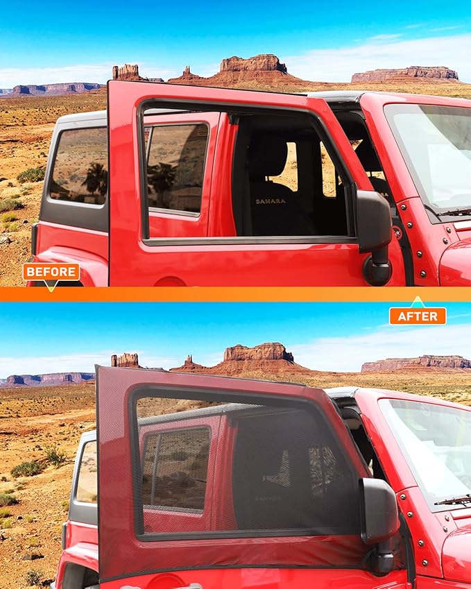 Savadicar Front Window Sun Shades, Breathable Mesh Side Window Sunshade, Stretchy Sun Screen Net Compatible with 1997-2024 Jeep Wrangler TJ JK JL & Gladiator JT, Anti-UV for Baby/Pets/Camping, Pair