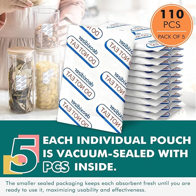 110 Packs 700CC Food Grade Oxygen Absorbers for Long Term Food Storage with Oxygen Indicator, Work with Mylar Bags, Mason Jars, and Vacuum Bags to Dehydrated & Preserved Foods Fresh (22x Packs of 5)