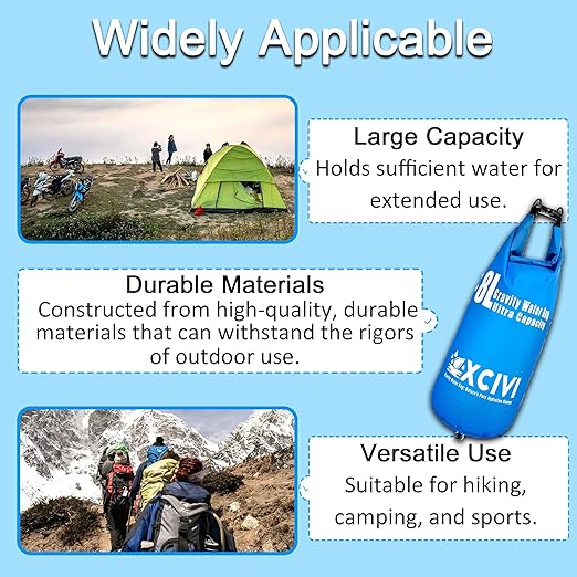 xcivi 8L Gravity Water Bag Compatible with Membrane Solutions Straw and Other Water Filter Straw, 8L Water Bag for Camping, Traveling, Backpacking, Hiking, Foldable & Hangable 2 Gal Bag
