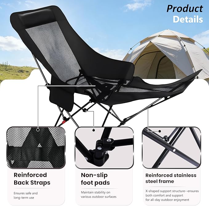Black Reclining Camping Chair with Footrest, Portable Folding Lounge Chair, 4-Position Adjustable Folding Camping Chair with Headrest & Storage Bag for Outdoor Lawn, Hiking, Picnic, Fishing