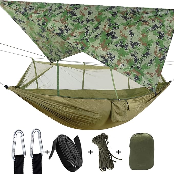 Camping Hammock, Double & Single Portable Hammock with Tree Straps, Lightweight Nylon Hammock Swing Set with Net and Rain Fly Tarp and Pocket for Backpacking Hiking Travel Outdoor(ArmyGreen1)