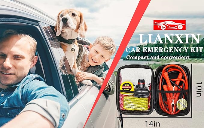LIANXIN Car Emergency Roadside Tool Kit, Auto Emergency Kits Vehicles, with Jumper Cables kit，Car Safety Roadside Assistance Kit,Headlamp,Tow Straps,Tape Measure,Rainwear,Gloves.Gloves.Pale