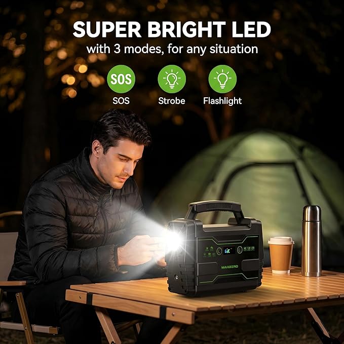 MARBERO Solar Generator 155Wh with 30W Solar Panel Portable Power Station with 2x 100W AC Outlets(Peak 150W), QC3.0 USB UL Certified for Home Blackout, Camping, RV Travel, Ultra-Light & Silent Fan