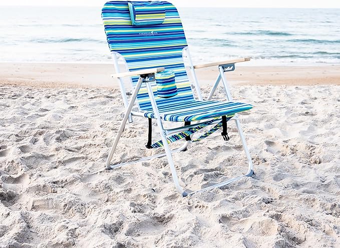 CARIBBEAN JOE Folding Beach Chair, 4 Position Portable Backpack Foldable Camping Chair with Headrest, Cup Holder, and Wooden Armrests