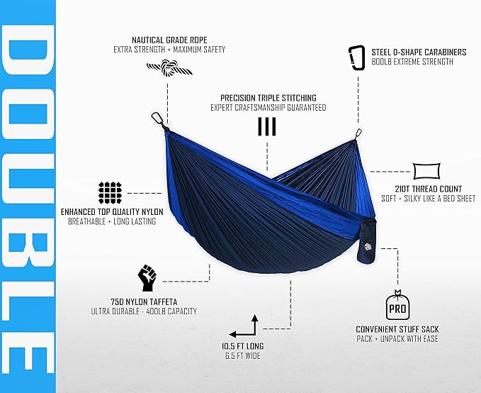 Pro Venture Double Camping Hammock - 10.5 x 6.5 FT (9ft Tree Straps, 2 Carabiners) - 2 Person, Portable, Lightweight Parachute Nylon 210T Hammocks - for Backpacking, Travel, Hiking, Patio (Double)…