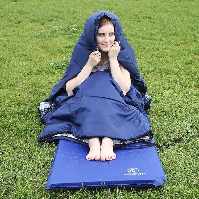 REDCAMP Flannel Sleeping Bag for Adults, Comfortable Cotton Sleeping Bags for Camping with Detachable Hood, Red/Grey/Blue/Black