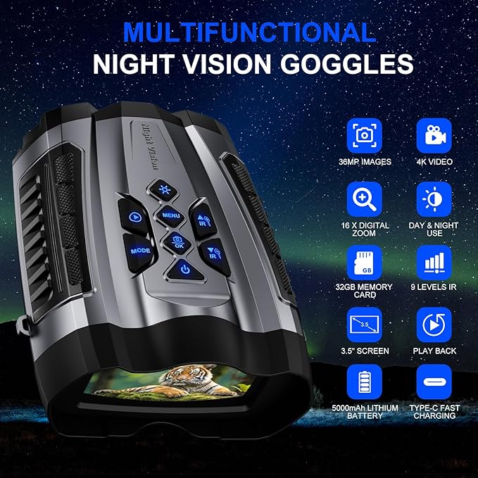Night Vision Goggles,4K Night Vision Binoculars for Adult with 5000mAh Rechargeable Battery,16X Digital Zoom,3.5" HD Screen and 1000FT Viewing Range,32GB TF Card for Photo and Video,Ideal Gift for Men