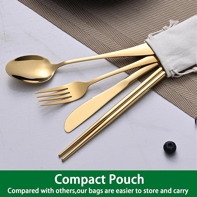 DEHOV Gold Travel Utensils Set With Pouch,Outdoor Camping Silverware Set For Picnic Gadgets,Set Of 5 Portable Cutlery Spoon And Fork Set With Case For Dining