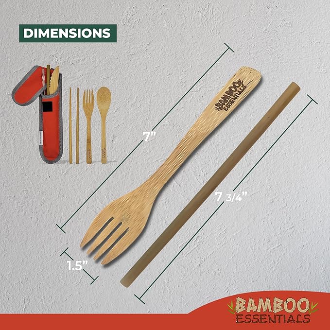Travel Utensils with Case Set Fork, Knife, Spoon, Chopsticks, Straw, Straw-cleaning brush, Travel Pouch and Carabiner, Excellent For Everyday Use! ((1Set) Sunset Red)