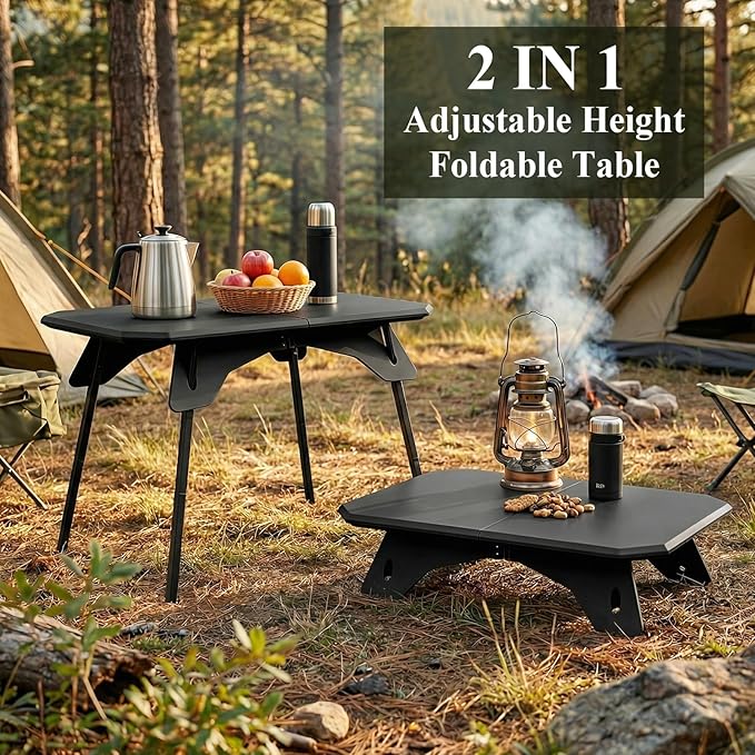 LiveGo Foldable Camping Table, Lightweight Folding Outdoor Table with Aluminum Legs, 2 in 1 Adjustable Height Portable Folding Table for Beach, Picnic, Grilling, Hiking & Fishing Indoor Outdoor