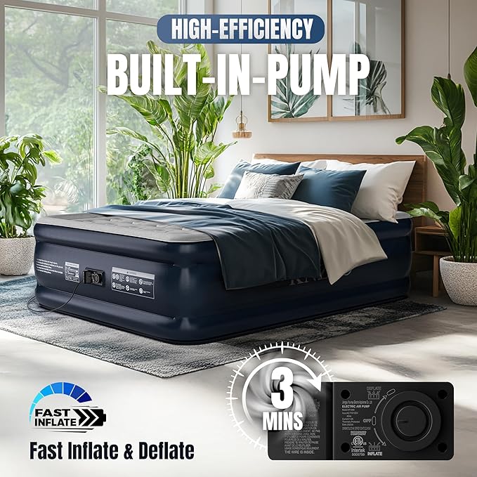 KNZZO Queen Air Mattress with Built-in Pump, 18" Top Inflatable Mattress with Waterproof Flocking Fabric, Three-Minute Quick-Inflatable Bed. Portable Blow Up Mattress for Home, Outdoor and Guests