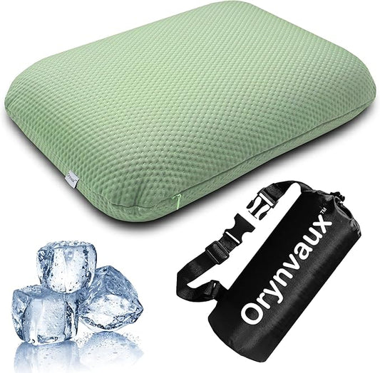 Cooling Camping Pillow, Memory Foam Travel Pillow with Adjustable Buckle Strap & Storage Bag, Compact Small Pillow for Airplane, Car Lumbar, Office, Washable Cooling Cover, Canopy Green