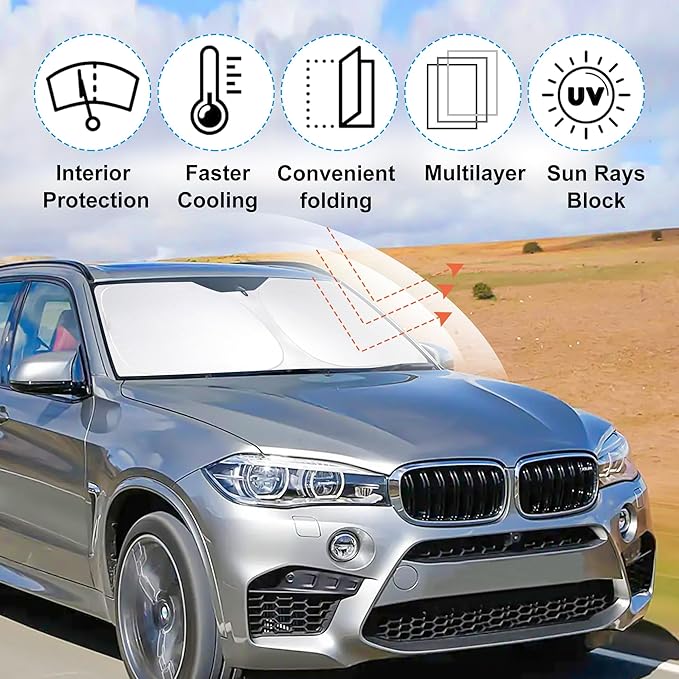 YYCKE Windshield Sun Shade Accessories Compatible with 2014 2015 2016 2017 2018 X5 for BMW Foldable Sunshade Sun Visor Blocks UV