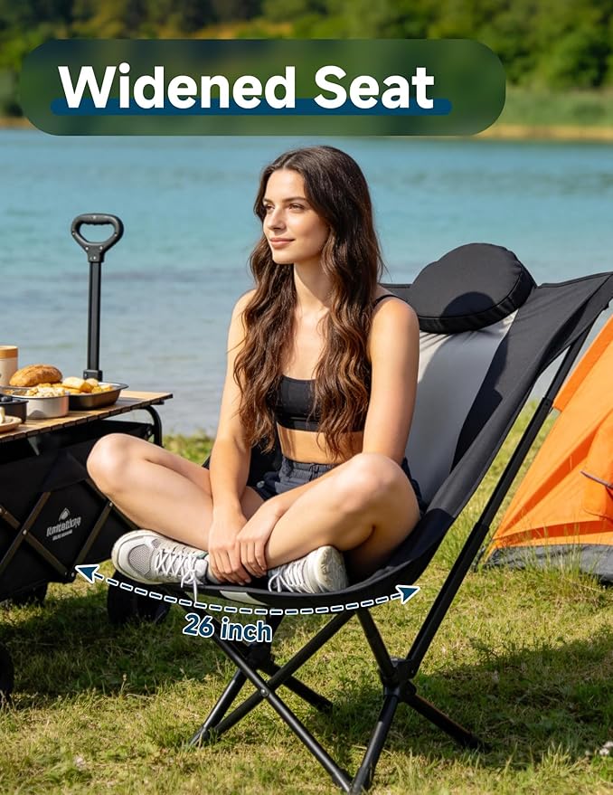 East Oak Swivel Camping Chair – High-Back Portable Folding Chair with Pillow, Sets Up in Seconds, Supports Up to 350 lbs, Compact Lightweight Backpacking Chair for Hiking, Beach, and Sports Events