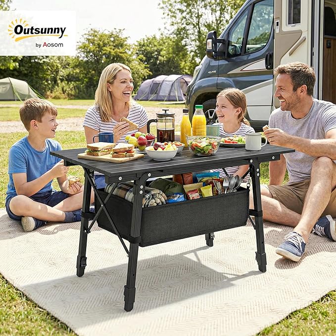 Outsunny 3ft Portable Camping Table with Storage Bag, Adjustable Height Aluminum Small Folding Table, Lightweight Picnic Table with Carry Bag for Outdoor Picnic BBQ Backyards Beach, Black