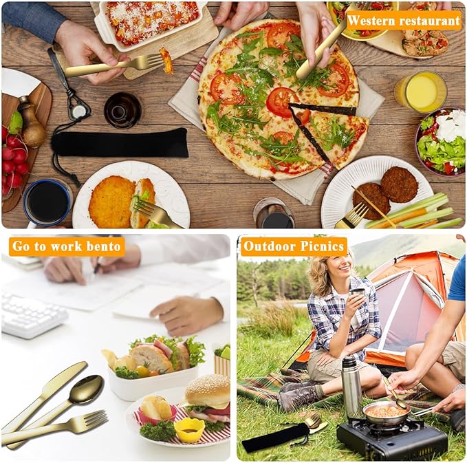 Evanda Portable Silverware Set Set of 2 Packs, Include Knife Fork Spoon, Gold Titanium Plating Cutlery Set With Black Bag, For Home Kitchen Camping Travel, Dishwasher Safe