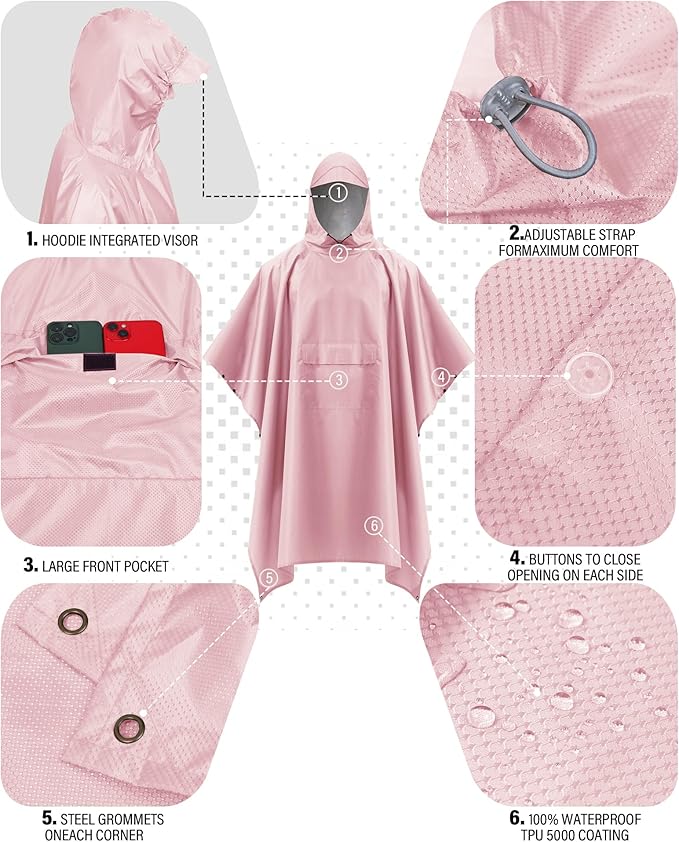 iCreek Hooded Rain Poncho Packable Unisex Raincoat Jacket with Pocket Waterproof Lightweight for Hiking, Camping, Outdoor