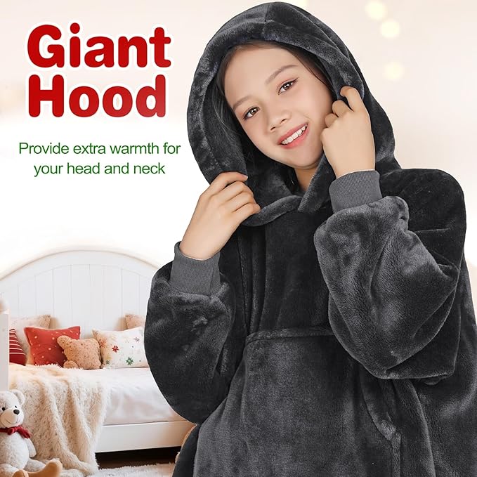 Waitu Wearable Blanket for Kids, Cozy Wearable Blanket Hoodie for Teens Girls Boys, Warm Blanket Sweatshirt Gift for Teenage, Hoodie Blanket with Sleeves and Giant Pocket - Dark Gray