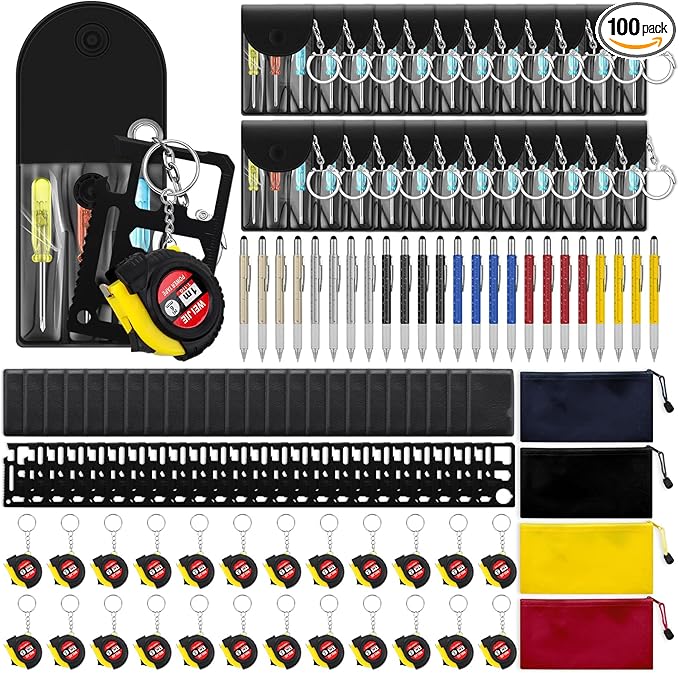 Lasnten 100 Pcs Mini Tape Screwdriver Keychain Set Bulk Father's Day Men Gifts Multitool Pen Card Tool Bag Pouch Adult Pinata Stuffers for Men Husband Gifts (Multicolor)