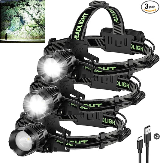 3Pack Rechargeable Headlamp Super Bright, 99000 Lumens LED Head Lamp with 3 Modes, 90°Angle & Adjustable Focus Head Lights for Forehead, IPX6 Waterproof HeadLamps for Adults Camping Hiking