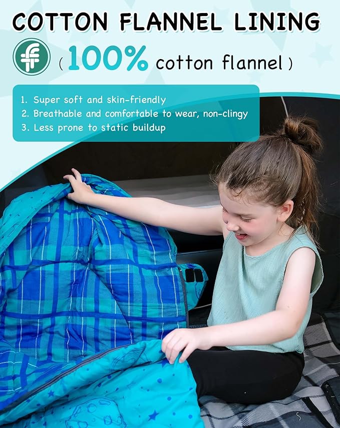 KingCamp 45°F Kids Sleeping Bag, Lightweight Waterproof & Compact Flannel Sleeping Bags Cold Weather & Warm Youth Essentials Gear Accessories for Camping, Fits 10-12 Children up to 4'7"-5'5" Tall