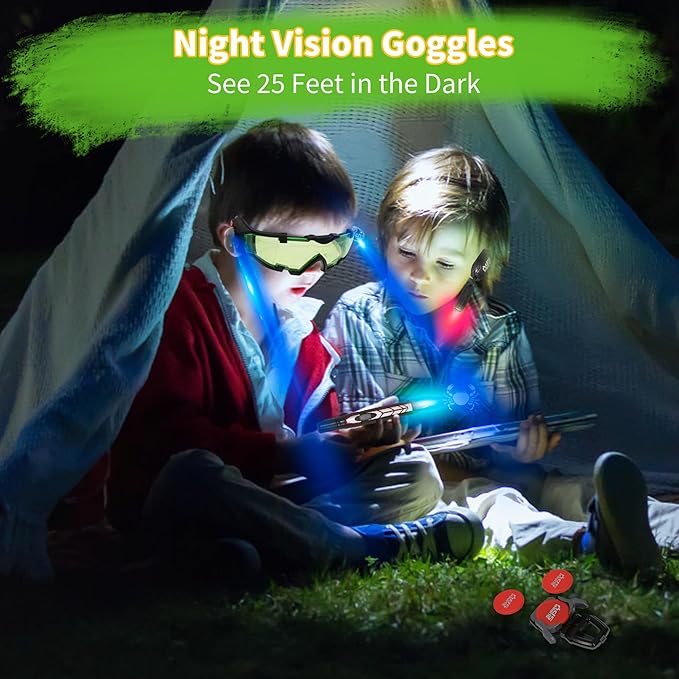 Kids Night Vision Goggles Spy Kit, 4 Pcs Spy Gear Toys Set, Cool Night Mission Goggles with Flip-Out Light/Invisible Ink Pen/Ear Light/Frisbee Shooter, Gifts for Kids 5-12 Boys Girls