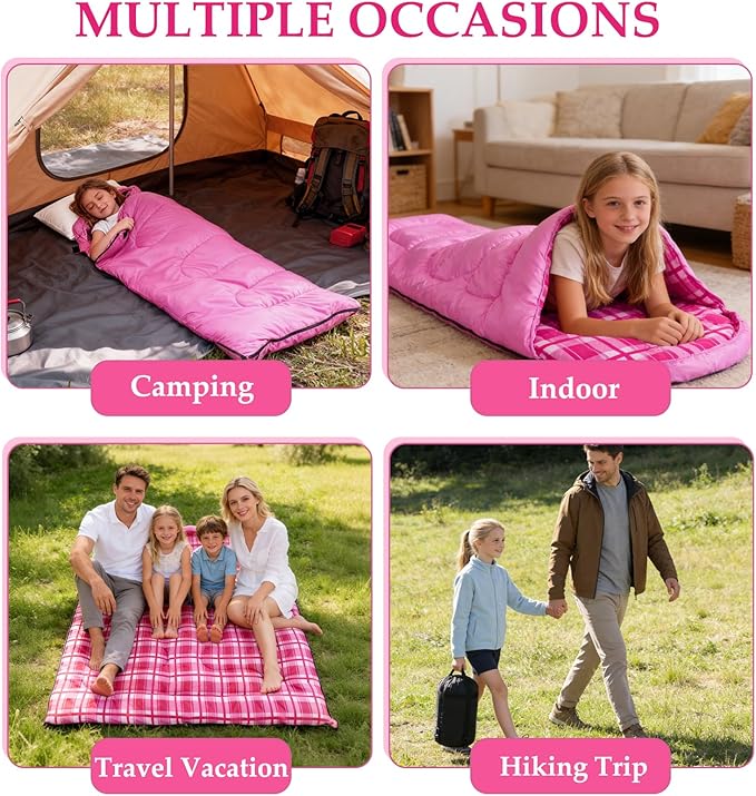 Uniqwamer Kids Sleeping Bag for Girls Boys - 4 Seasons Cold & Warm Weather Flannel Camping Sleeping Bags, Lightweight & Waterproof 45°F Sleeping Bag for Camping Hiking Outdoor Travel