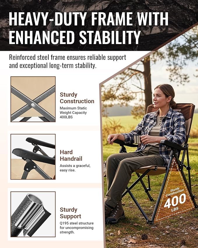 KingCamp Folding Camping Chair Adjustable 3-Position, Reclining Outdoor High Back Camp Chair with Hard Armrests, Heavy Duty Portable Chair, Dual-Layer Padded Seat & Storage for Camping, Lawn, Backyard